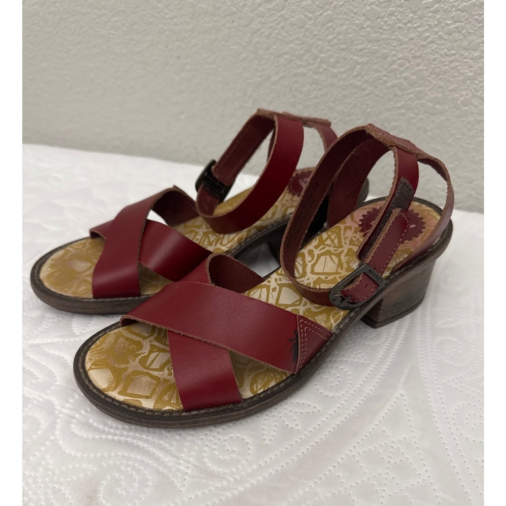 Fly London Sandals Red Leather Criss Cross Ankle Strap Block Heel Size 38